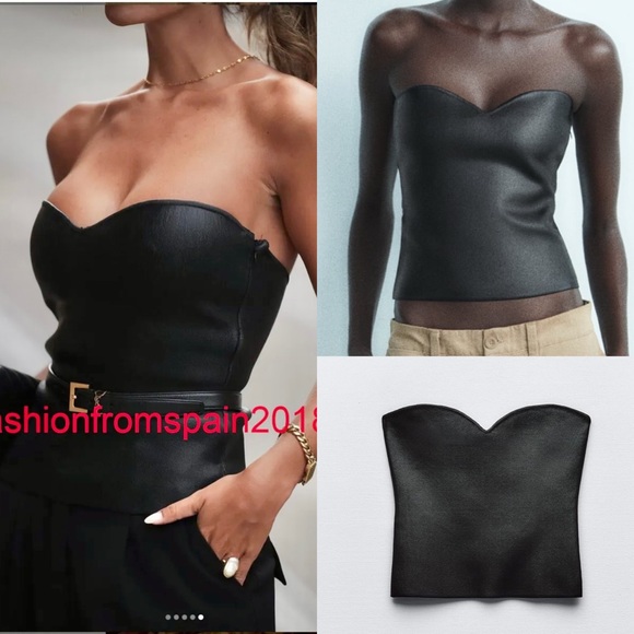 Zara Tops - Zara NWT black patent faux leather sweetheart neck bandeau strapless tube top